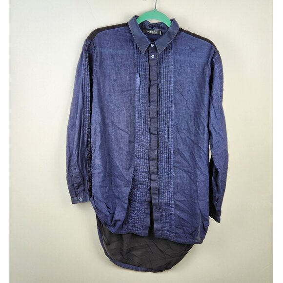 Umit Unal Silk Cotton Semi-Sheer Pintuck Button Up Tunic Top Navy Black M - Picture 1 of 14